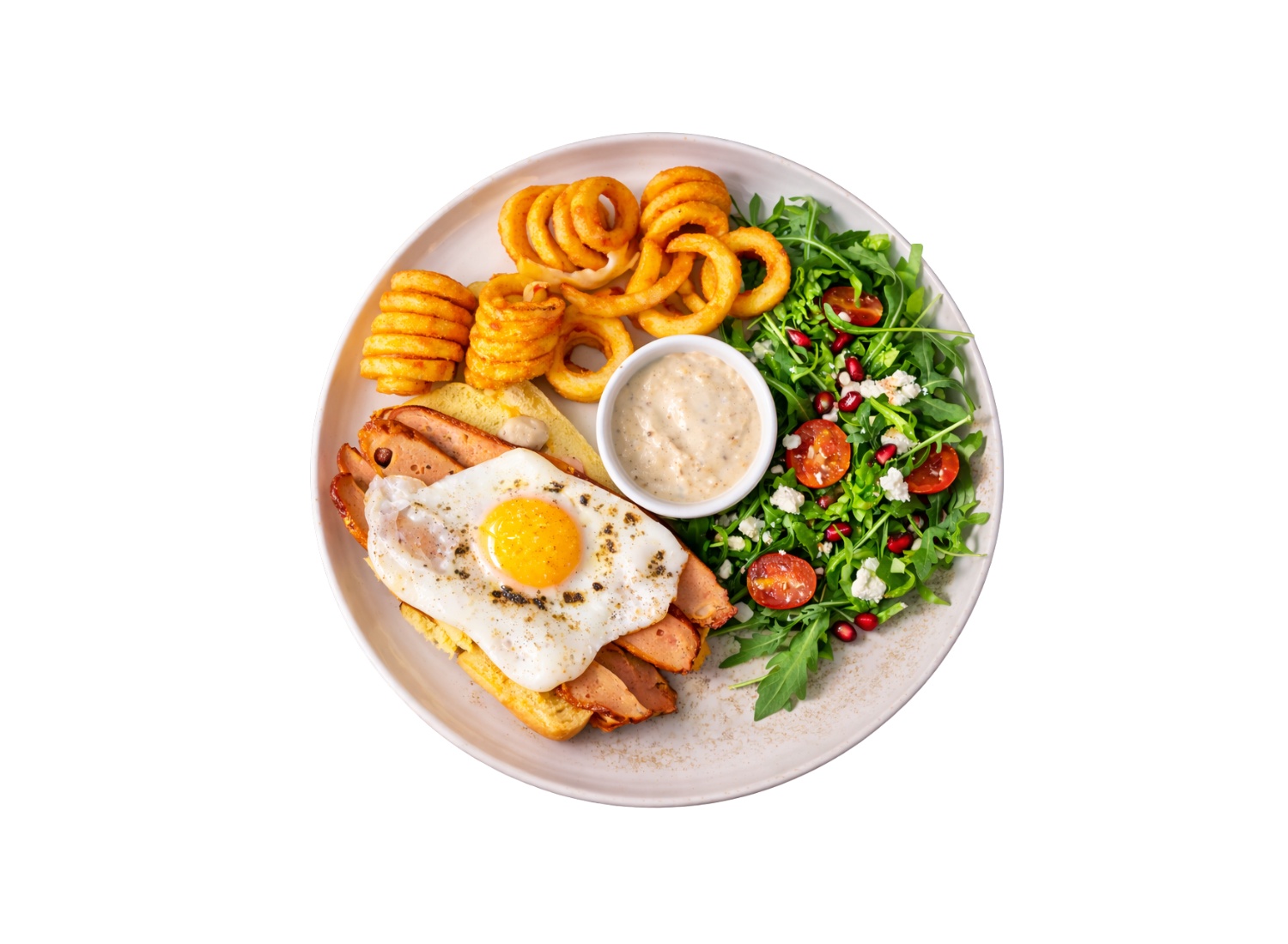 Pain brioché, charcuterie, oeuf, salade, frite ou patate douce